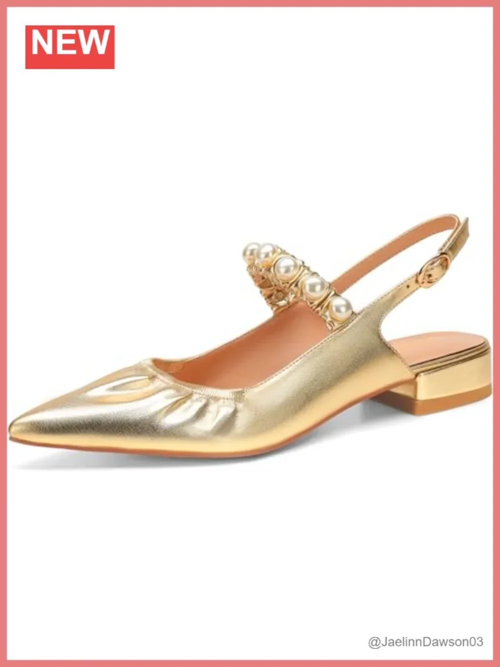 Women's Slingback Ballet Flats, Faux Leather Pointed Toe with Pearls